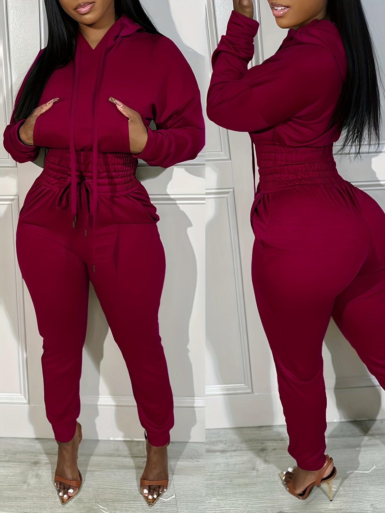 Two-piece Long Sleeve Kangaroo Pocket Drawstring Hoodie & High Waist Drawstring Jogger Pants, Casual Solid Color Women's Clothing Set